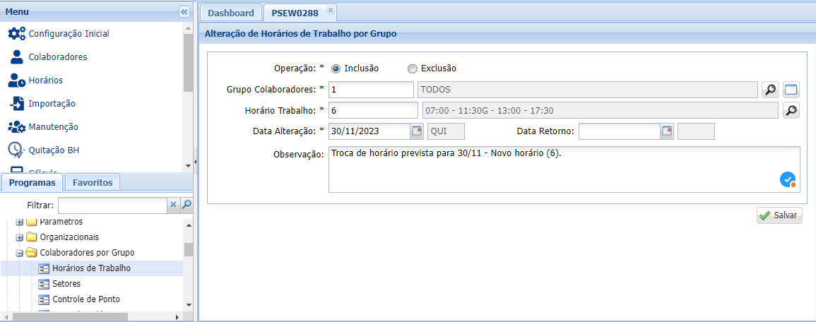 Horários de Trabalho por Grupo