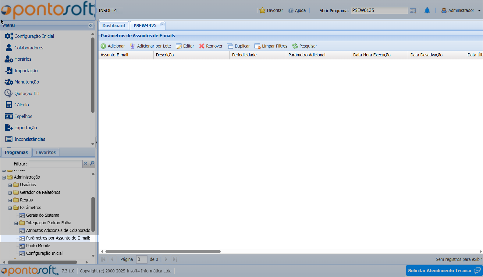 Parâmetros por Assunto de E-mails