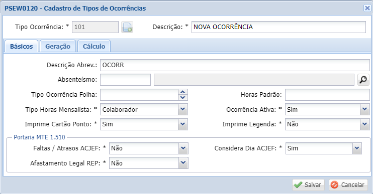 Tipos de Ocorrências