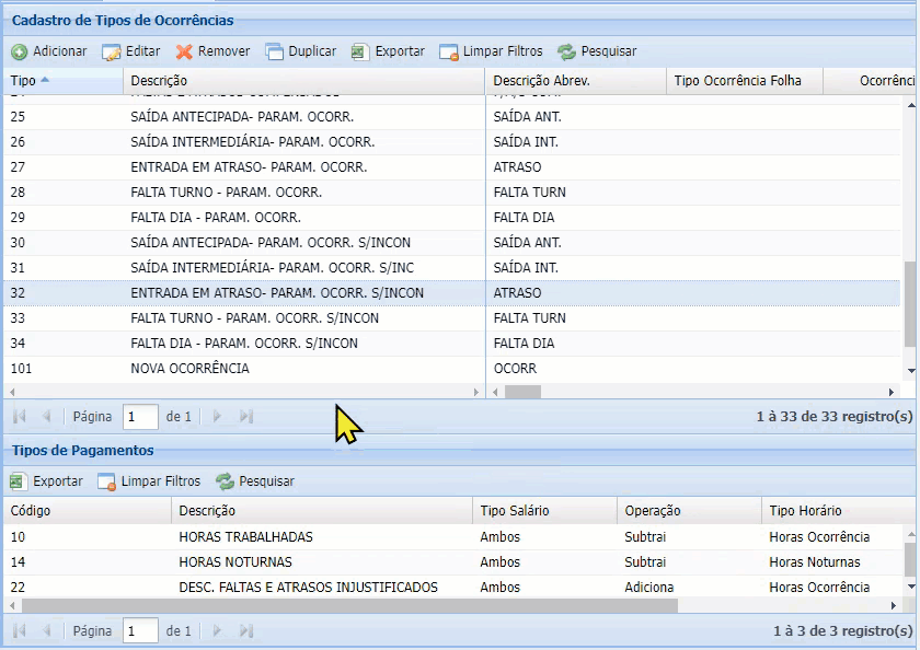 Tipos de Ocorrências
