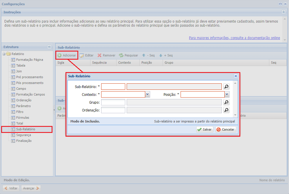 Configurações do Cadastro do Relatório criando-relatorio25