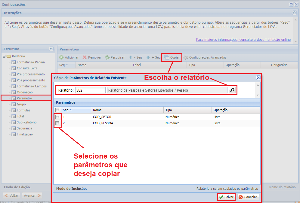 Configurações do Cadastro do Relatório criando-relatorio27