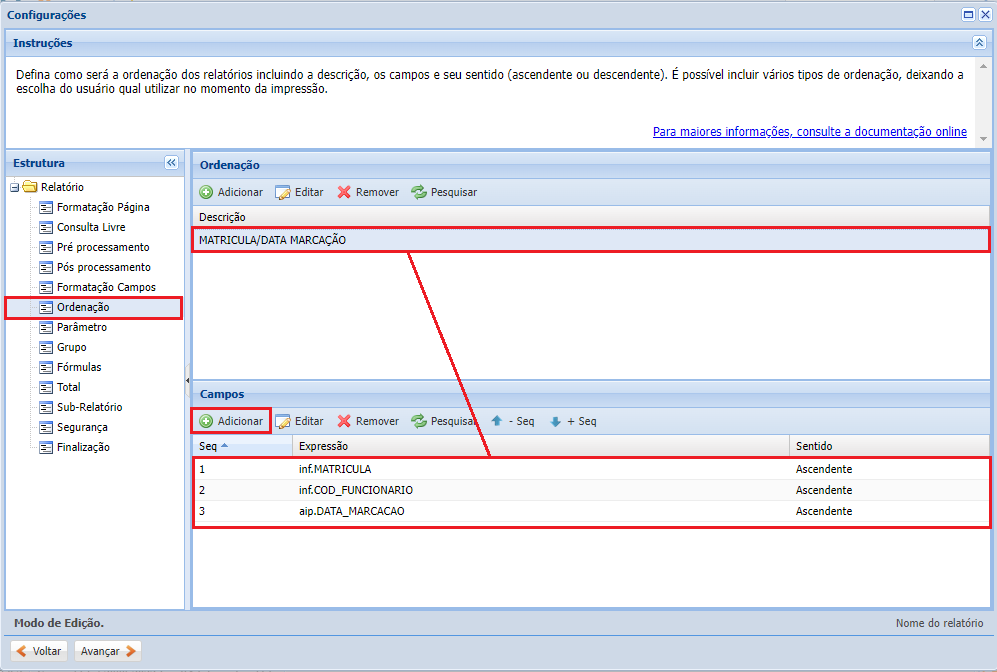 Configurações do Cadastro do Relatório criando-relatorio28