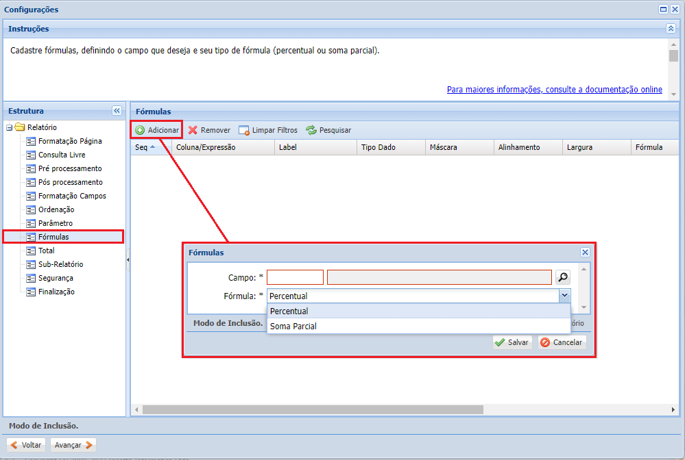 Configurações do Cadastro do Relatório criando-relatorio10