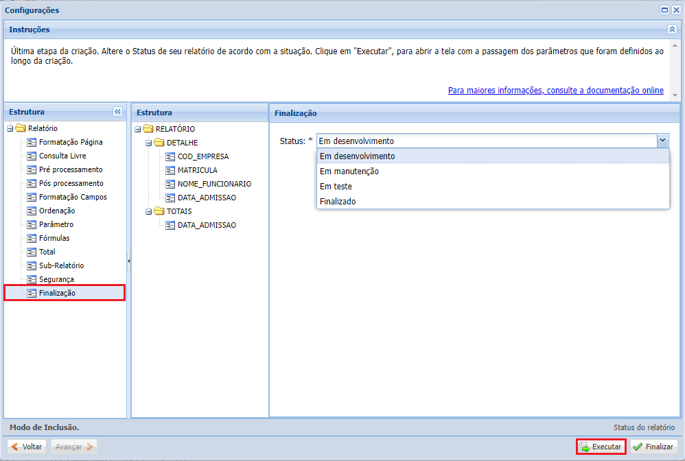 Configurações do Cadastro do Relatório criando-relatorio13
