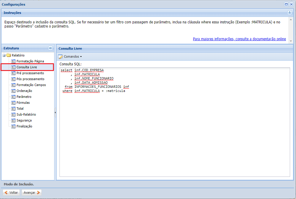Configurações do Cadastro do Relatório criando-relatorio4