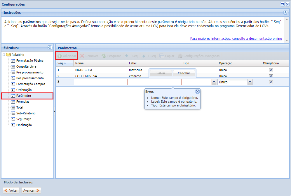 Configurações do Cadastro do Relatório criando-relatorio9